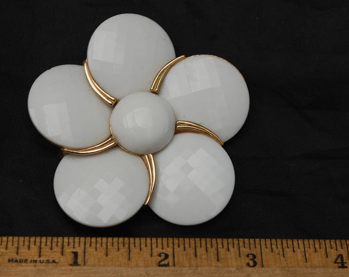 Crown Trifari Brooch - floral leaf - White thermoset plastic - Large 2 3/4 inch - Mid century Pin