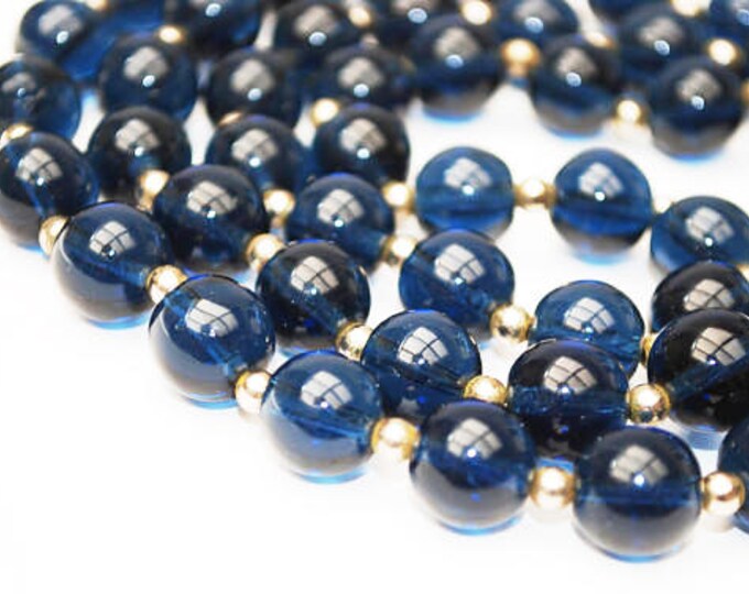 Blue Glass Bead necklace - round dark blue beads - silver beads - long 34 inch necklace