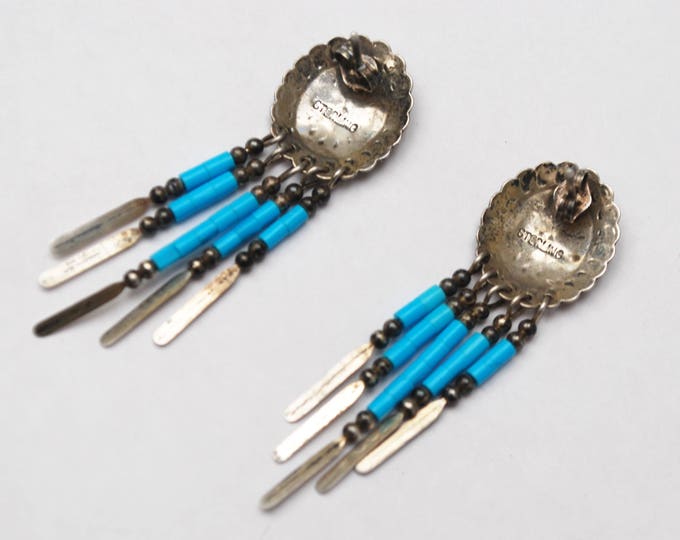 Sterling Concha Dangle earrings - Signed Sterling - dangle turquoise bead - southwestern - tribal Etched silver pierced earring