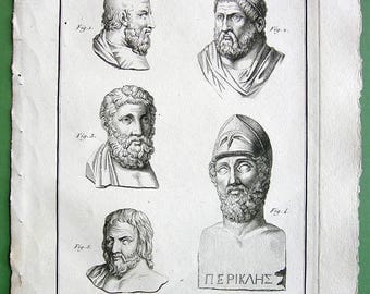 GREEK PHILOSOPHERS Writers AEschylus Sophocles Miltades Pericles Euripides - 1804 Copperplate Engraving