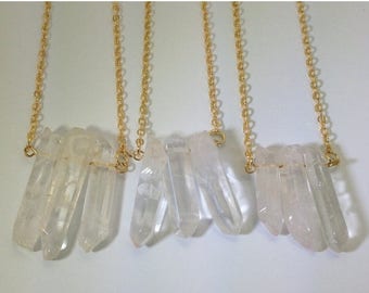 10% off CIJ SALE Triple Quartz Crystal Necklace Healing Crystal Layering Necklace Natural Stone Boho Necklace Polished Crystal Point Necklac