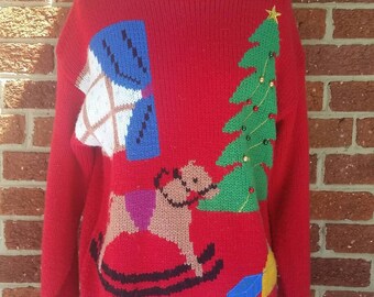 Vintage Holiday Christmas Sweater // Rocking Horse X-mas Tree // Ugly Christmas Sweater
