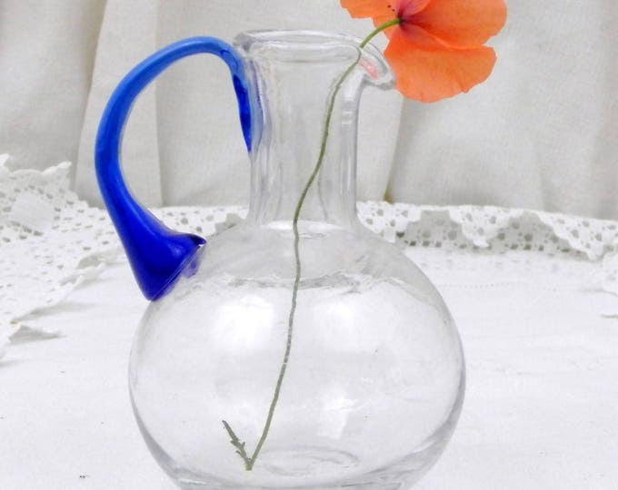 Small Vintage Blown Glass Handmade Vase / Jug with Blue Handle, Glass Oil Bottle, French Vintage Table Decor, Retro Home Interior Small Vintage Blown Glass Handmade Vase / Jug with Blue Handle, Glass Oil Bottle, French Vintage Table Decor, Retro Home Interior