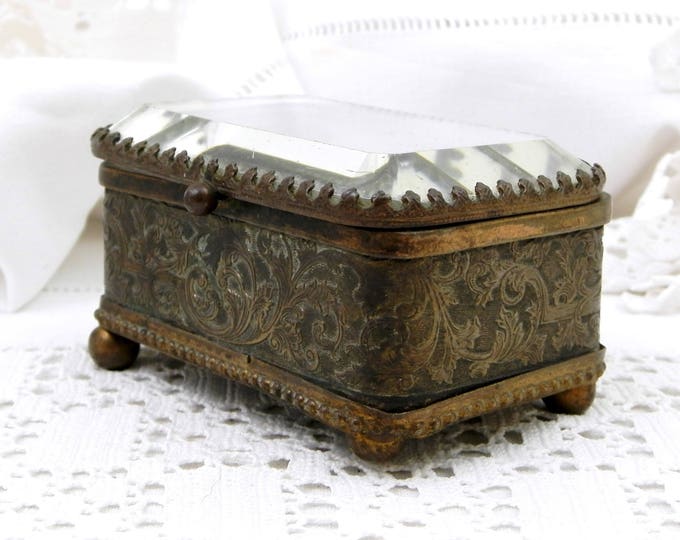 Antique French Beveled Glassed Lid and Gilt Metal Jewelry / Trinket Box with Turquoise Satin Linning, French Country Chateau Chic Decor