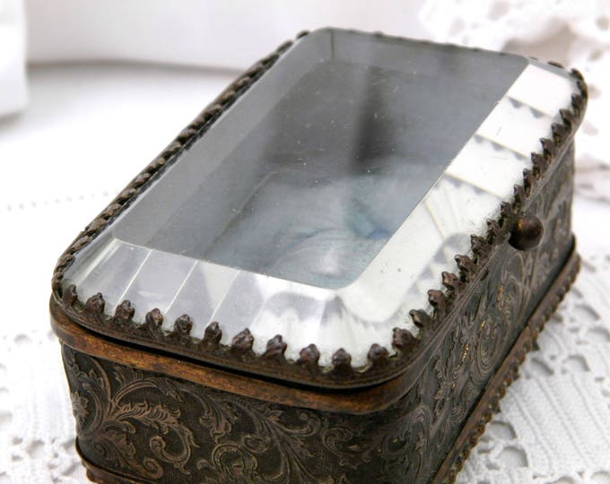 Antique French Beveled Glassed Lid and Gilt Metal Jewelry / Trinket Box with Turquoise Satin Linning, French Country Chateau Chic Decor