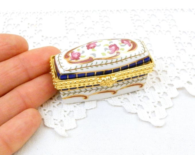 Small Vintage French Hand Painted Porcelain Pill Box with Floral Pattern, Tiny Hinged Rectangular Ceramic / China and Metal Box from France Small Vintage French Hand Painted Porcelain Pill Box with Floral Pattern, Tiny Hinged Rectangular Ceramic / China and Metal Box from France
