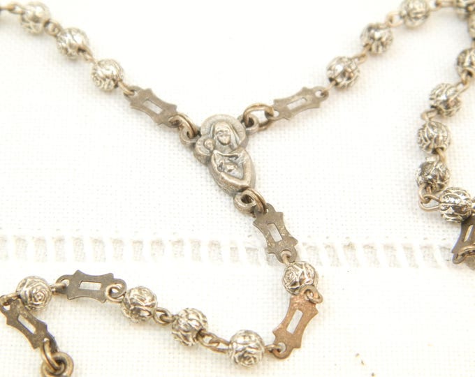 Vintage 1960s Small Delicate Silver Plated Rosary Beads and Crucifix, French Rose Shaped Religious Beads