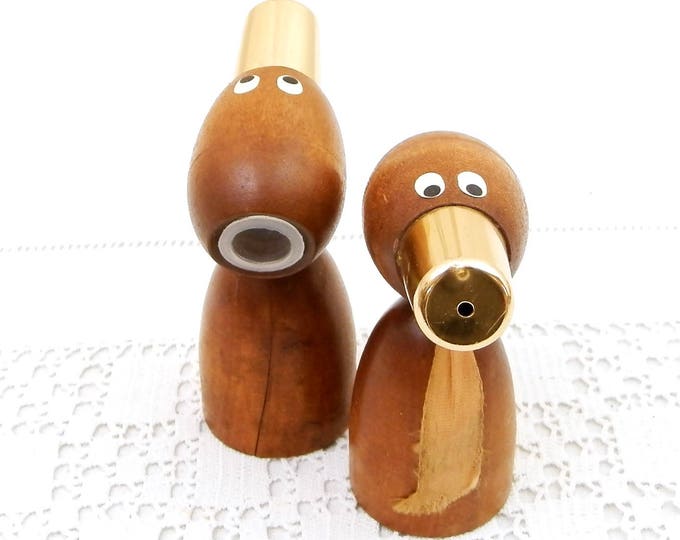 Pair of Vintage Squeaking Teak Mid Century Modern Novelty Salt and Pepper Shakers, Retro 60s Musical Wooden Tableware, Phonic Wood Cruet Set