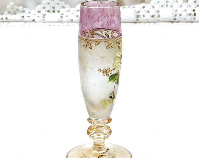 Small Antique Hand Painted Boheme Glass Posy Vase, Tiny French Art Nouveau Flower Bouquet Stem Foot Glass Vase with Painte Floral Pattern