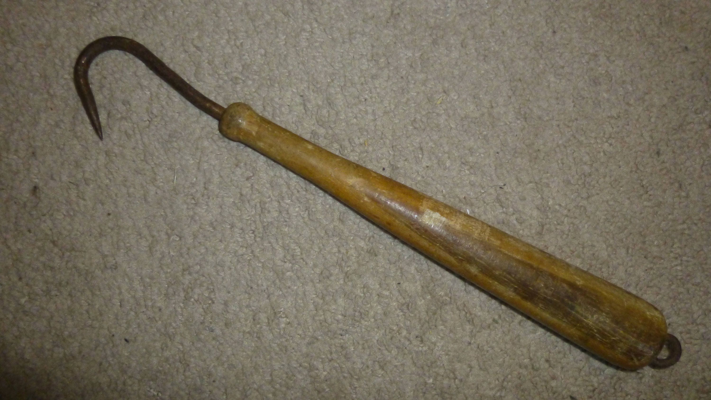 Vintage wood handled iron hook fishing gaff classic hanging