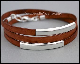 LEATHER Wrap Bracelet - Flat Genuine Natural Leather Cord w/ Large Silver TUBES - Double Triple Adjustable Boho Leather Wrap Bangle Bracelet