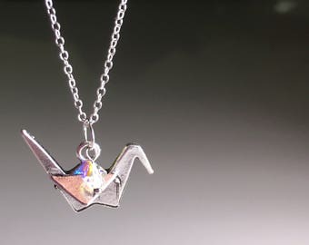 TSURUKO JAPANESE ORIGAMI Paper Crane Pendant with a Swarovski Crystal Necklace Chain