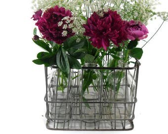 Vintage Wire Milk Crate with Dividers and Six 1/2-Gallon Glass Jugs