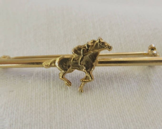 Equestrian Horse Brooch, Racehorse and Jockey Pin, First Call Trumpet, Vintage Equestrian Jewelry,