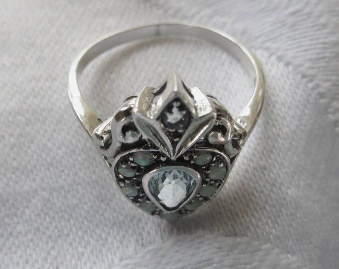 Art Deco Ring, Sterling Silver, Aquamarine and Opal Stones, Fleur Di Lis Top, Heart Shaped Ring
