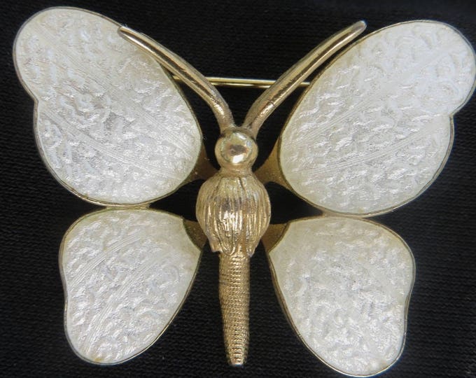 Vintage Butterfly Brooch, White Enamel, Bug Jewelry, Insect Pin