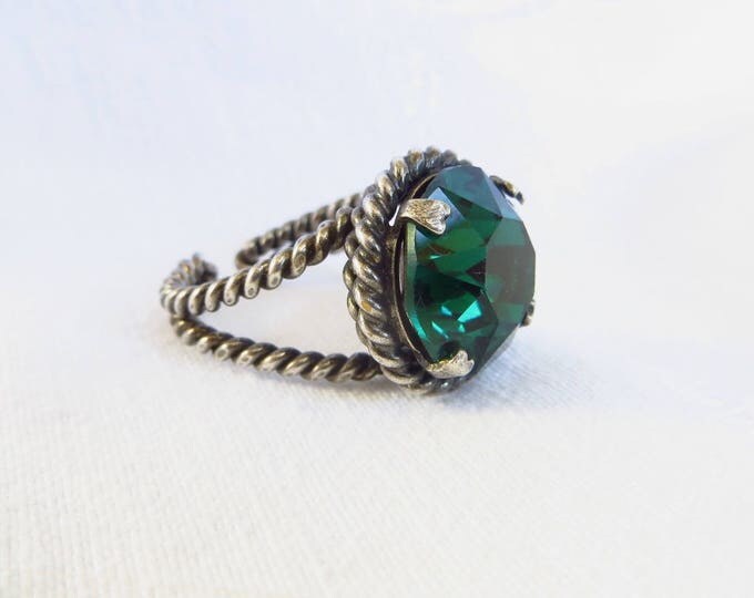 Sterling Silve Ring, Emerald Green, Vintage Faceted Glass Stone, Adjustable
