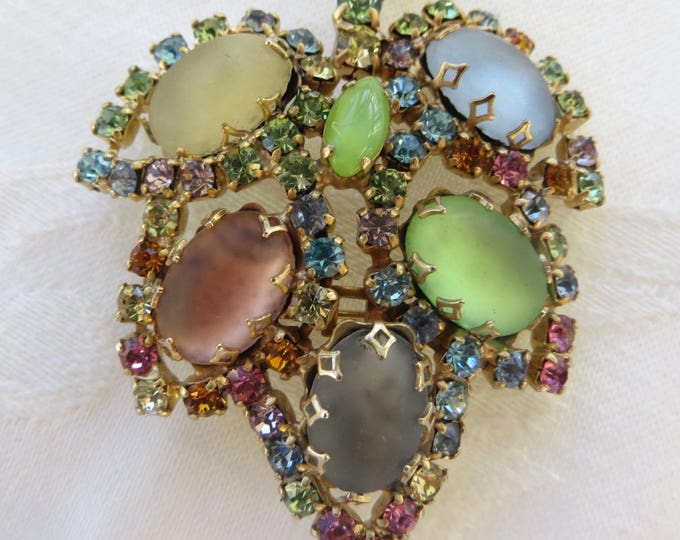 Vintage Rhinestone & Satin Glass Brooch, Satin Glass Cabs with Multicolor Rhinestone Pin, Vintage 1960s Jewelry