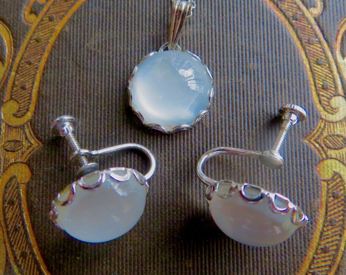 Vintage Moonstone Necklace Set, Sterling Silver Screw Back Earrings, Original Box, Moonstone Jewelry