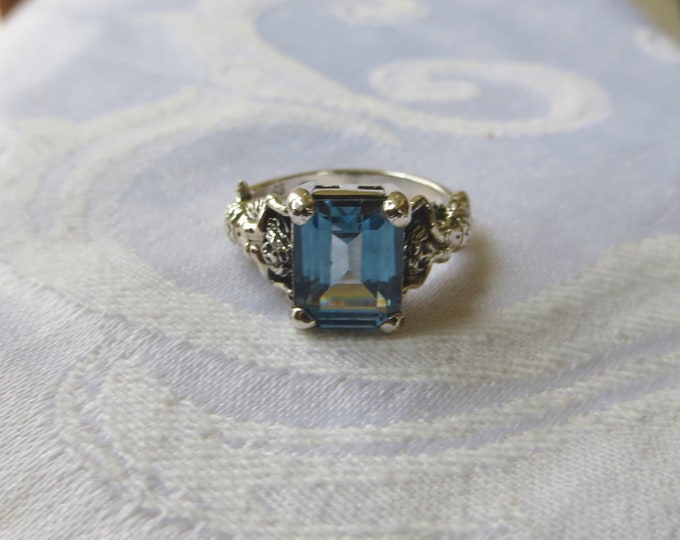 Sterling Aquamarine Ring, Mermaid Ring, Emerald Cut Aquamarine Stone, Mermaid Jewelry, Nautical Ring, Size 6.5