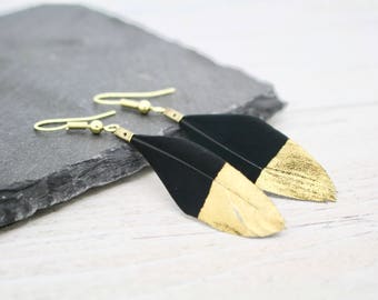 Gold Dipped Black Feather Earrings, Bohemian Earrings, Boho Style Jewellery, Festival Fashion, Festival Earrings, Black Earrings