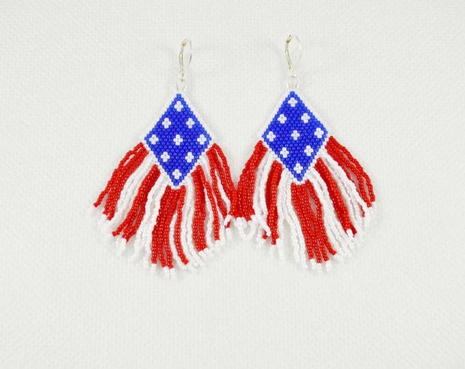 Flag earrings 4th July Native American Red blue white Fringe earrings Beaded earrings Patriotic earrings Seed bead earrings Independence day