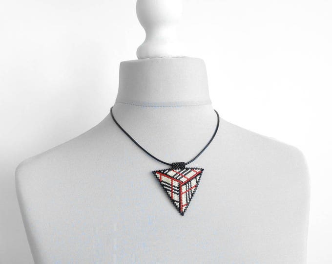 Plaid triangle, plaid pendant, plaid necklace, ornament pendant, geometric pendant, triangle necklace, beaded triangle, seed bead triangle
