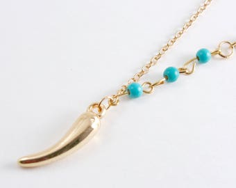 Gold Italian Horn Lariat Necklace, Boho Chic Y Shaped Necklace, Gold Plated and Green Turquoise, 49cm(19-1/4")