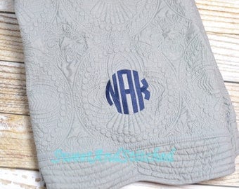 Monogrammed quilt Gray and Navy, Quilt, monogrammed Baby quilt, Personalized Quilt with gray monogram, heirloom baby quilt, baby shower gift