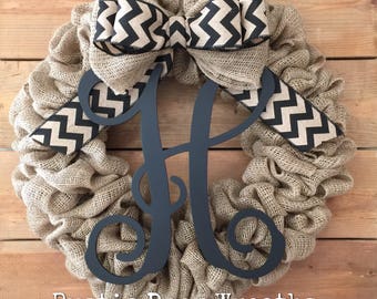 Front Door Wreath / Burlap Wreath / Initial Wreath / Front Door Letter Wreath / Black Chevron Wreath / Monogram Wreath
