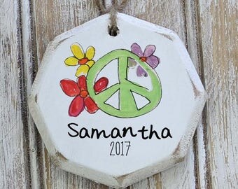 peace sign ornament, boho Christmas decor, custom ornaments, ornament exchange, boho Christmas, hippie Christmas