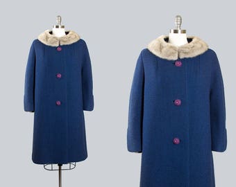 Vintage 1960s Coat | 60s Blue Wool Mink Fur Collar Swing Coat Car Coat (large)