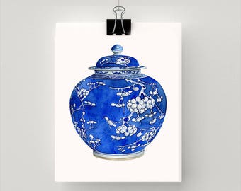 REPRODUCTION PRINT new Blue and white cherry blossom urn