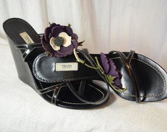 1990 Prada Wedges Flowers Slides Chinoise Purple Poppies