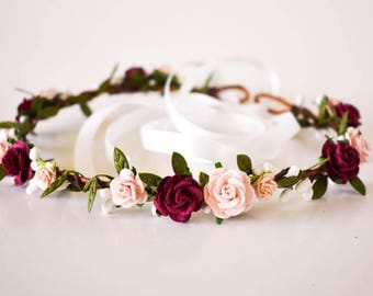 Burgundy and Blush Flower Crown. Fall flower crown. Burgundy flower crown. Burgundy headpiece. Wine flower crown. Pink floral crown. Boho