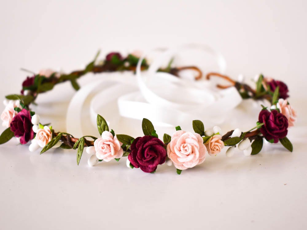 Burgundy and Blush Flower Crown. Fall flower crown. Burgundy