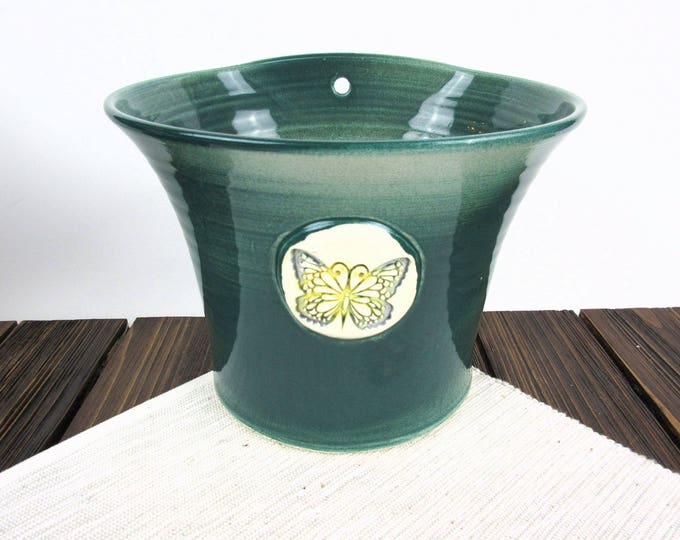 Green Butterfly ceramic wall planter, wall vase, pottery hanging planter flower pot, porch pot