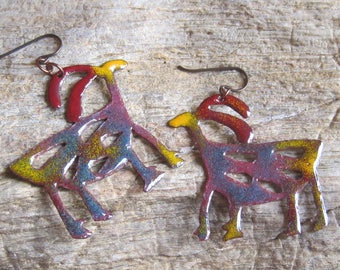 rainbow colors torch fired enamel copper prehistoric antelope earrings