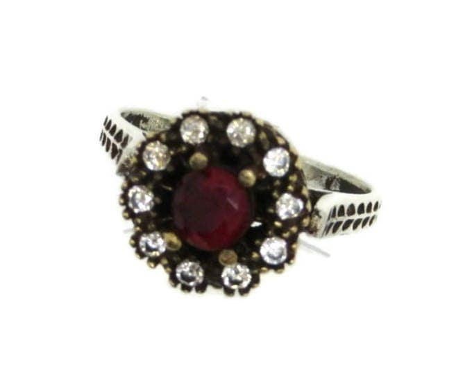 Vintage Faux Ruby Ring | Sterling Silver Cocktail Ring | Faux Ruby and CZs | Size 6