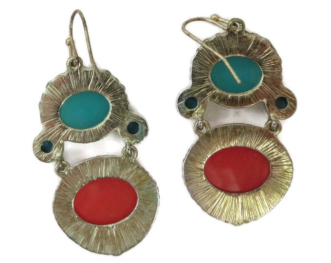 Faux Turquoise, Coral Earrings, Vintage Boho Dangling Earrings, Pierced Beaded Dangles, Hippie Jewelry