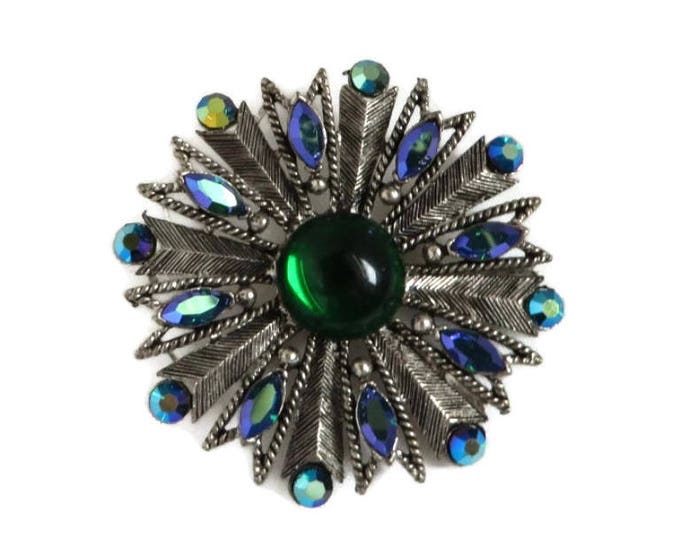 Vintage Emerald Rhinestone Brooch, Signed Weiss Green and AB Rhinestone Silver Tone Brooch