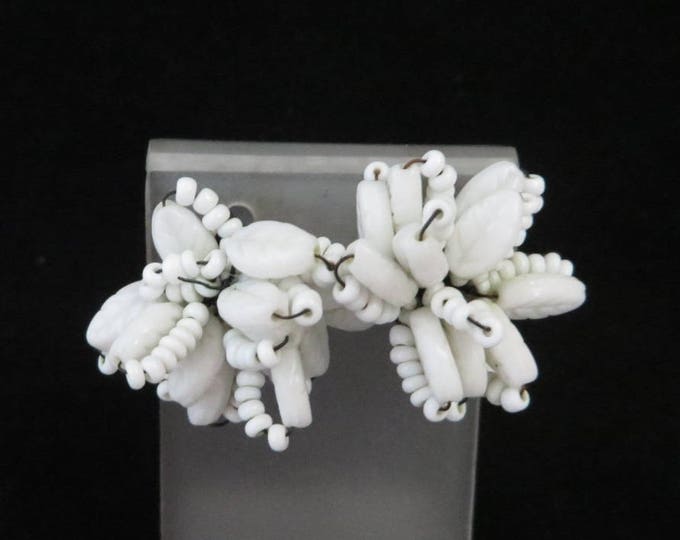 Vintage Milk Glass Earrings | West Germany White Cluster Clip-ons | 1950s White Bead Earrings