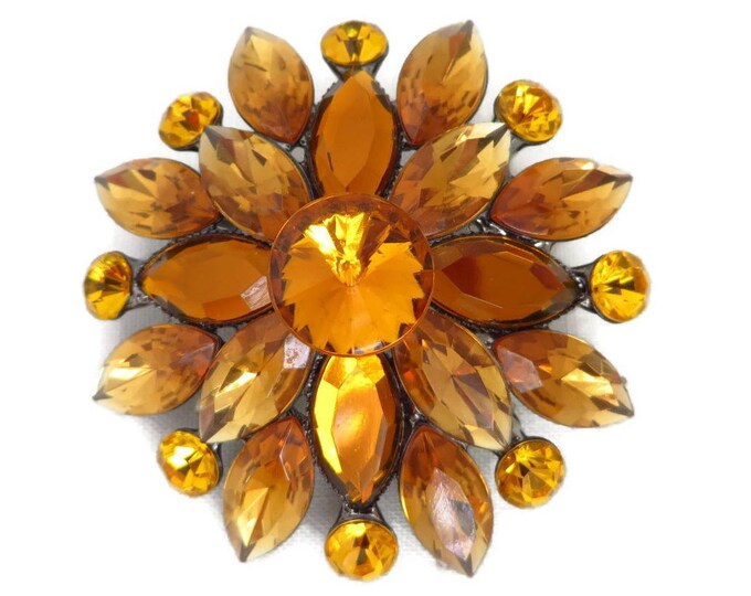 Vintage Brooch - Orange Rhinestone Brooch, Plastic Flower Retro Pin, Perfect Gift