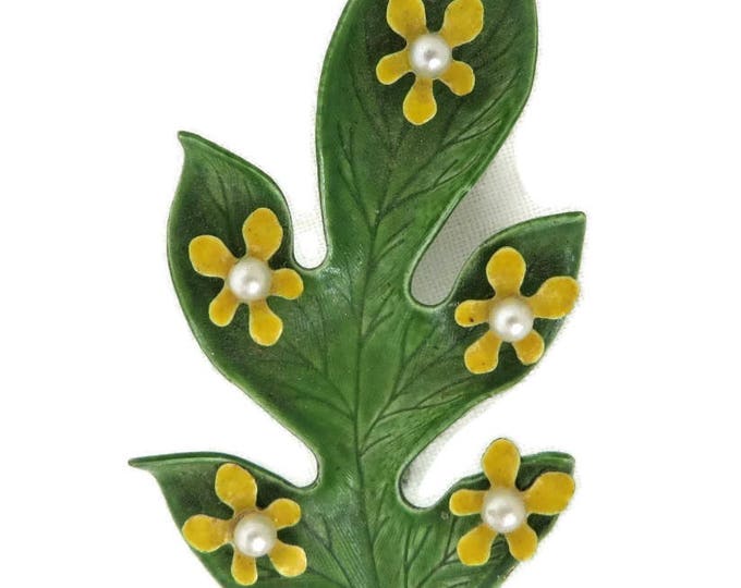 Vintage Brooch - Green Enamel Leaf Brooch, Metal Faux Pearl Flower Pin, FREE SHIPPING