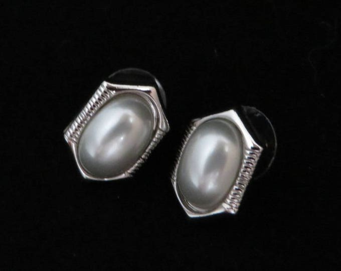 Trifari Faux Pearl Earrings, Vintage Silver Tone Pierced Stud Earrings, Signed Designer Jewelry