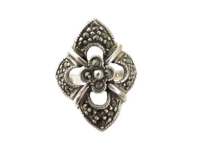 Sterling Silver Marcasite Ring, Vintage Floral Antique Finish Ring, Size 8, Gift idea, Gift Box