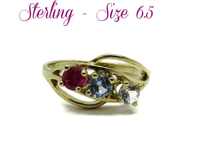 Vintage Sterling Silver Multistone Ring, Gold Plated Pink, Blue, Clear Stone Ring, Sample Ring, Size 6.5
