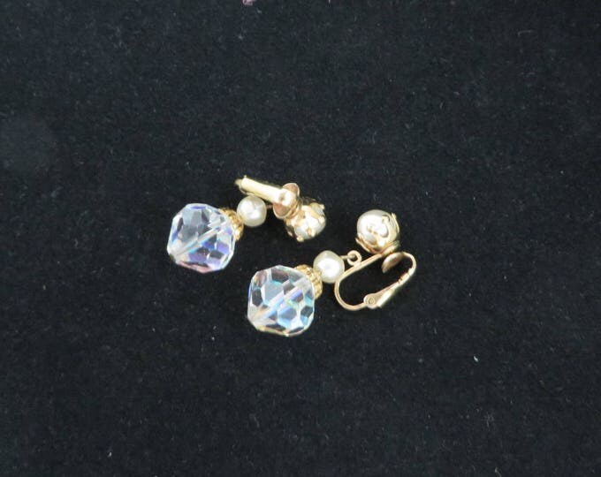 Pearl & Crystal Earrings - Vintage Gold Tone Dangling Crystal Clip-on Earrings, Bridal Jewelry, Gift for Her