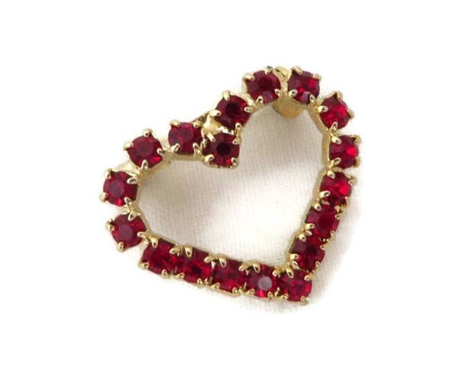 Red Rhinestone Heart Brooch - Vintage Gold Tone Petite Heart Pin, Valentine Pin