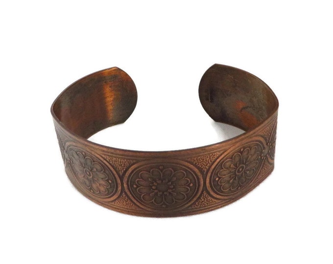 Vintage Solid Copper Cuff, 1970s Flower Design Bracelet